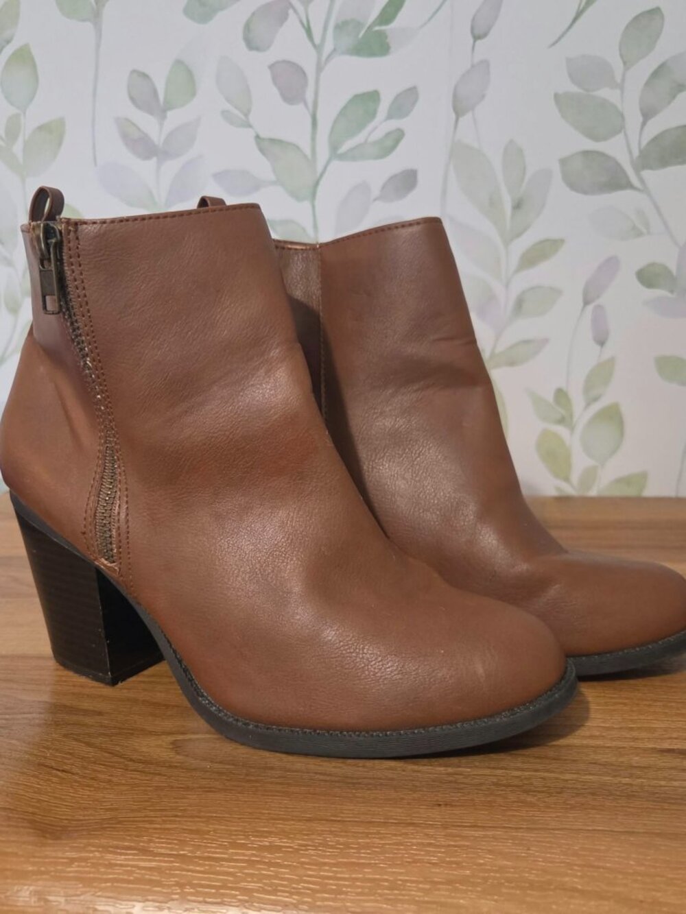 Attention Brand Womens Auden Cognac Brown Block Heel Ankle Booties Size 9M